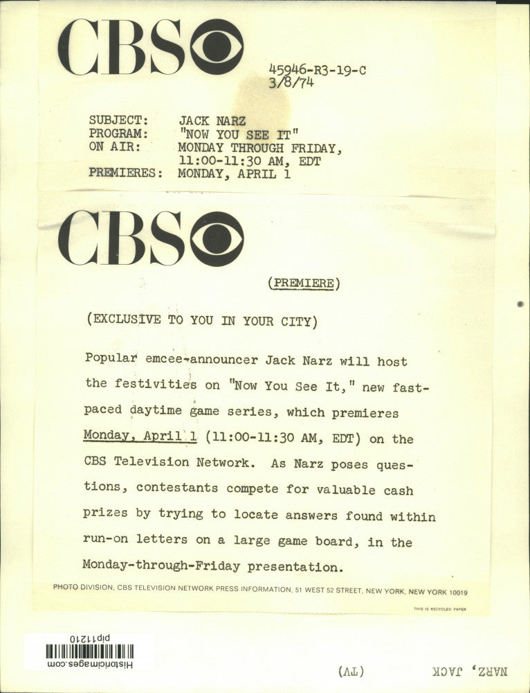 1974 Press Photo Jack Narz, Host of "Now You See It" Game Show - pip11210