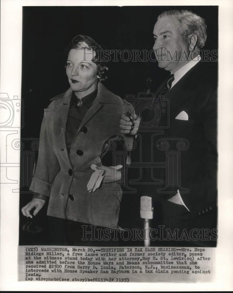 1953 Press Photo Hope Ridings Miller Testifies in Tax Case Hearing in Washington- Historic Images