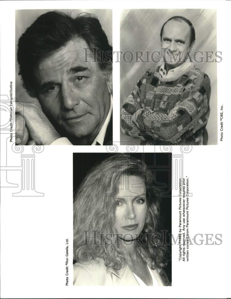 1993 Press Photo Actors Peter Falk, Bob Newhart, Donna Mills - pip14331