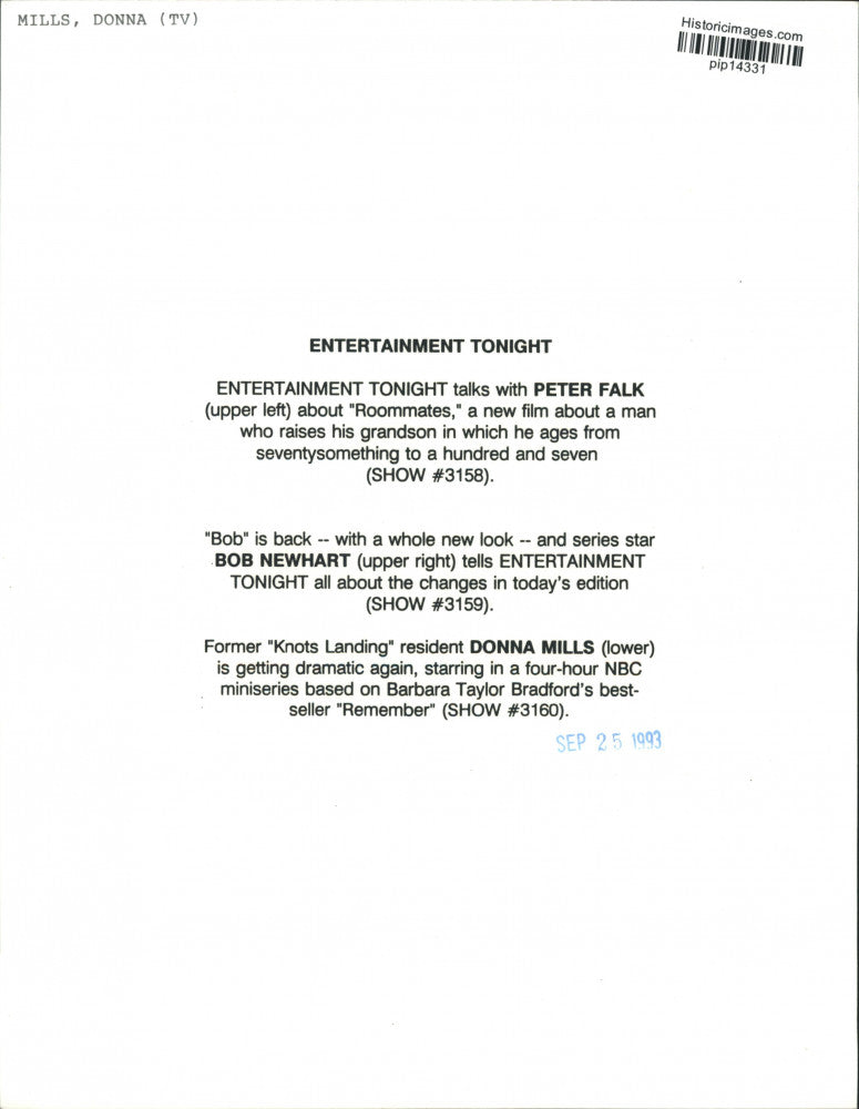 1993 Press Photo Actors Peter Falk, Bob Newhart, Donna Mills - pip14331