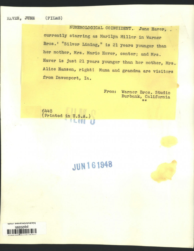 1948 Press Photo June Haver with mother Marie Haver & grandmother Alice Hansen.