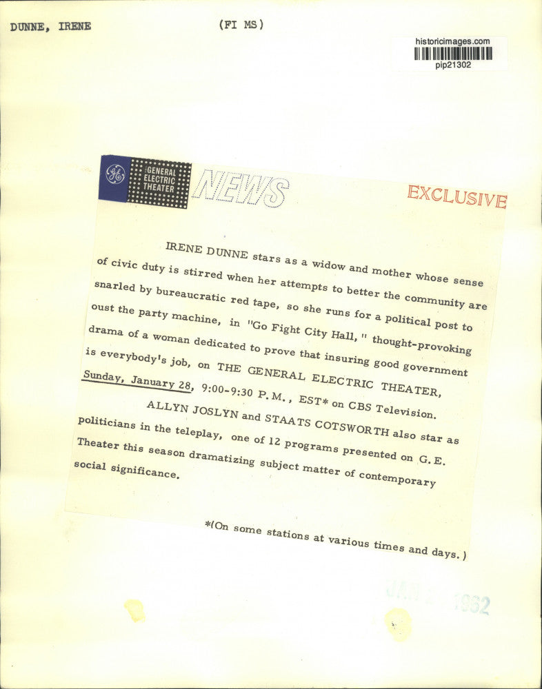 Press Photo Irene Dunne stars in "Go Fight City Hall," on CBS Television.