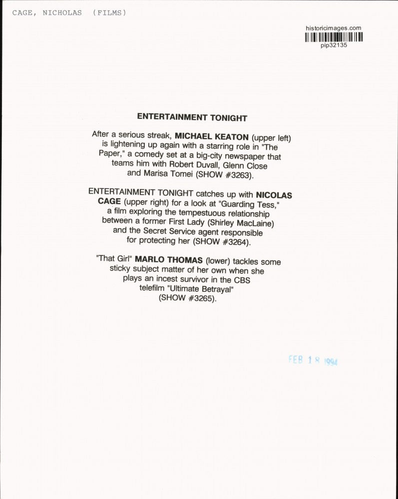 1994 Press Photo Movie stars Michael Keaton, Nicolas Cage and Marlo Thomas