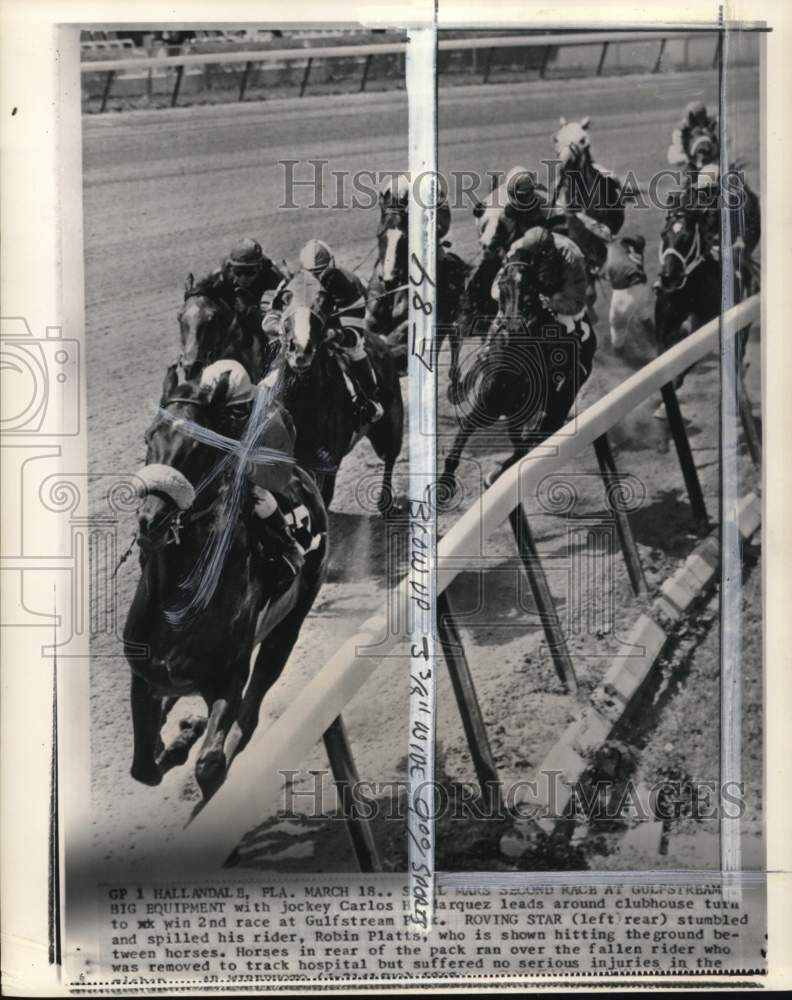 1969 Press Photo Jockey Robin Platts falls from his mount at Gulfstream Park- Historic Images