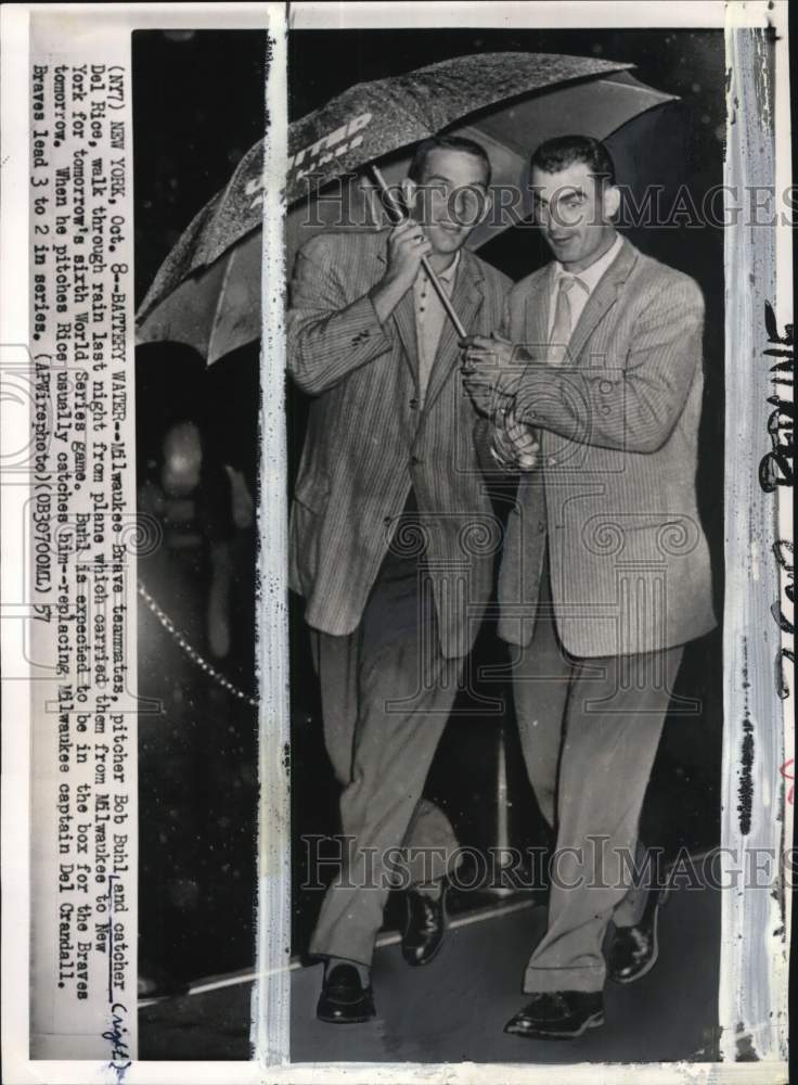 1957 Press Photo Milwaukee Braves baseball players Bob Buhl and Del Rice- Historic Images
