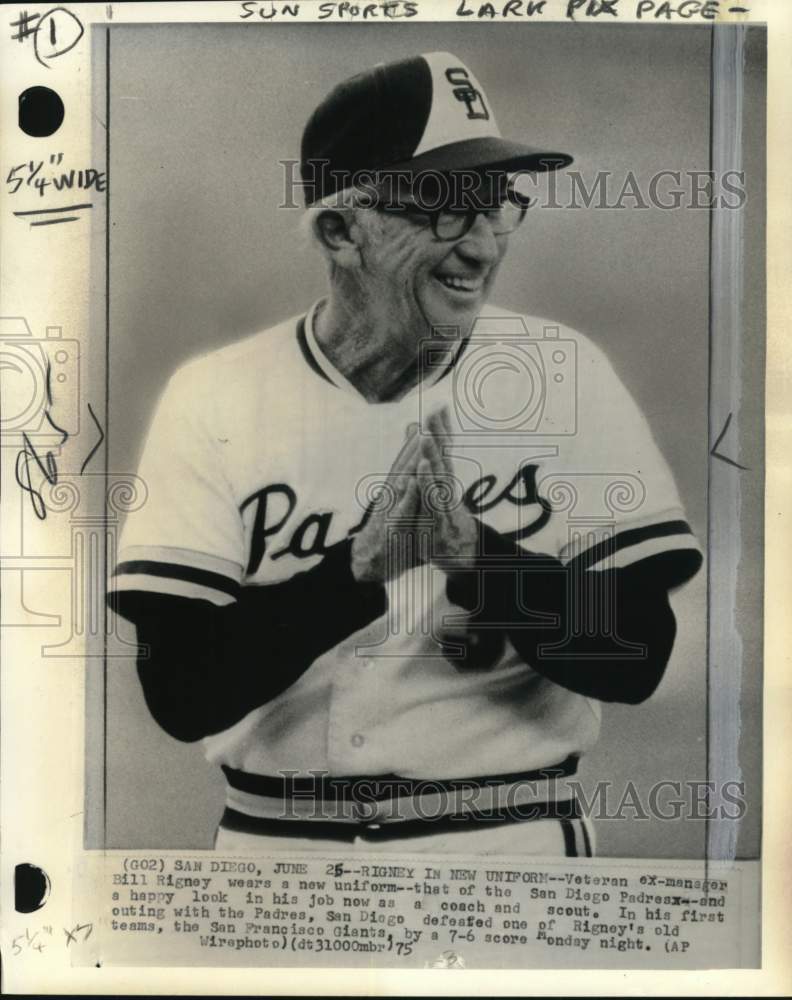 1975 Press Photo San Diego Padres baseball and scout Bill Rigney- Historic Images