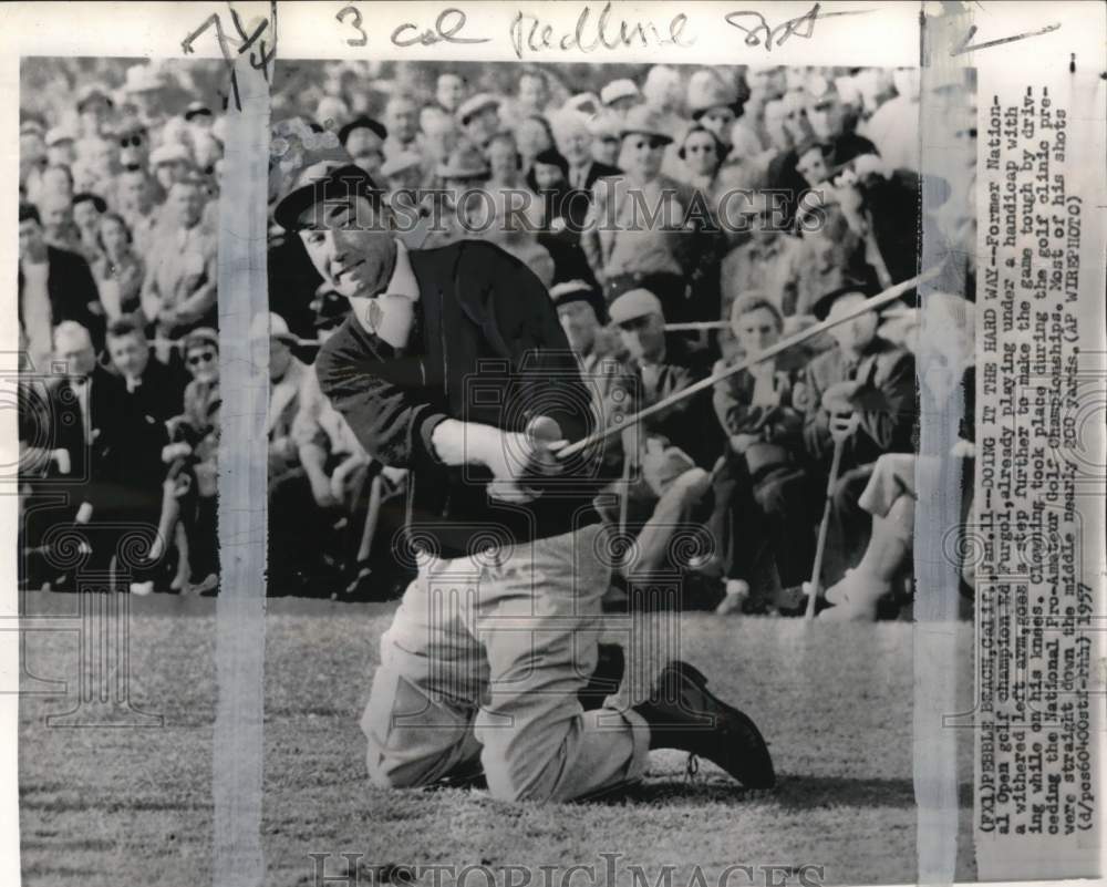 1957 Press Photo Champion Golfer Ed Furgol His Trick Shot Off Knees In Clinic- Historic Images