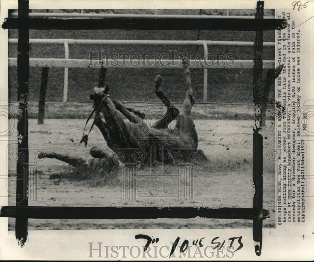 1972 Press Photo Race Horse Greek Flash, Jockey John Tartaglia Fall At Aqueduct- Historic Images
