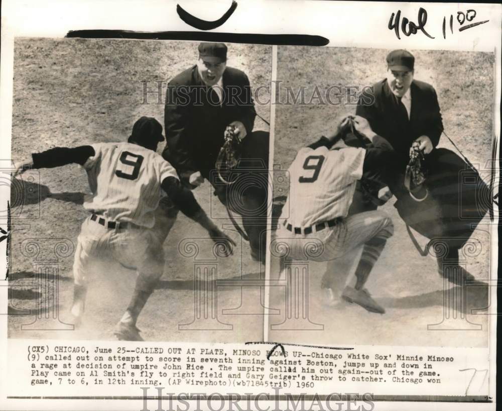 1960 Press Photo White Sox Minnie Minoso Blows Up At Baseball Umpire John Rice- Historic Images