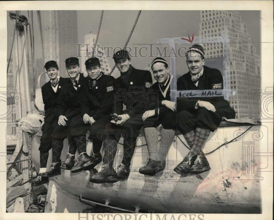 1947 Press Photo Norwegian Ski Team On Lifeboat On Cruise Liner Stavangerfjord- Historic Images