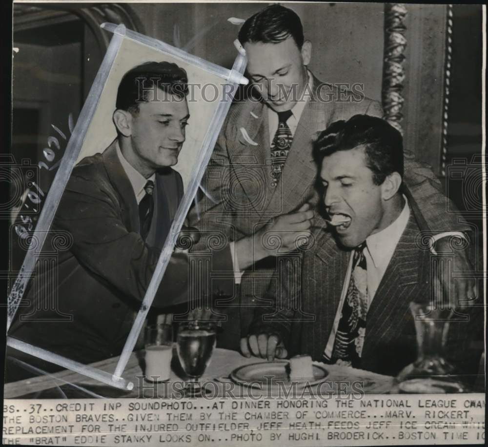 1948 Press Photo Braves&#39; Marv Rickert, Eddie Stanky &amp; Jeff Heath, Baseball- Historic Images