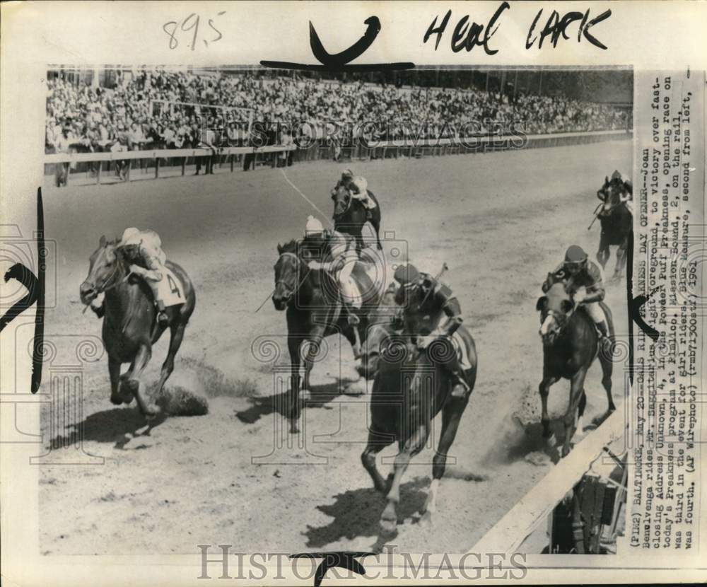 1961 Press Photo Competitors in Powder Puff Preakness horse race, Baltimore- Historic Images