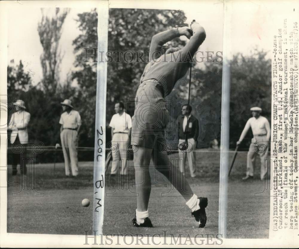 1956 Press Photo Golfer Joanne Gunderson tees off during match, Indianapolis- Historic Images