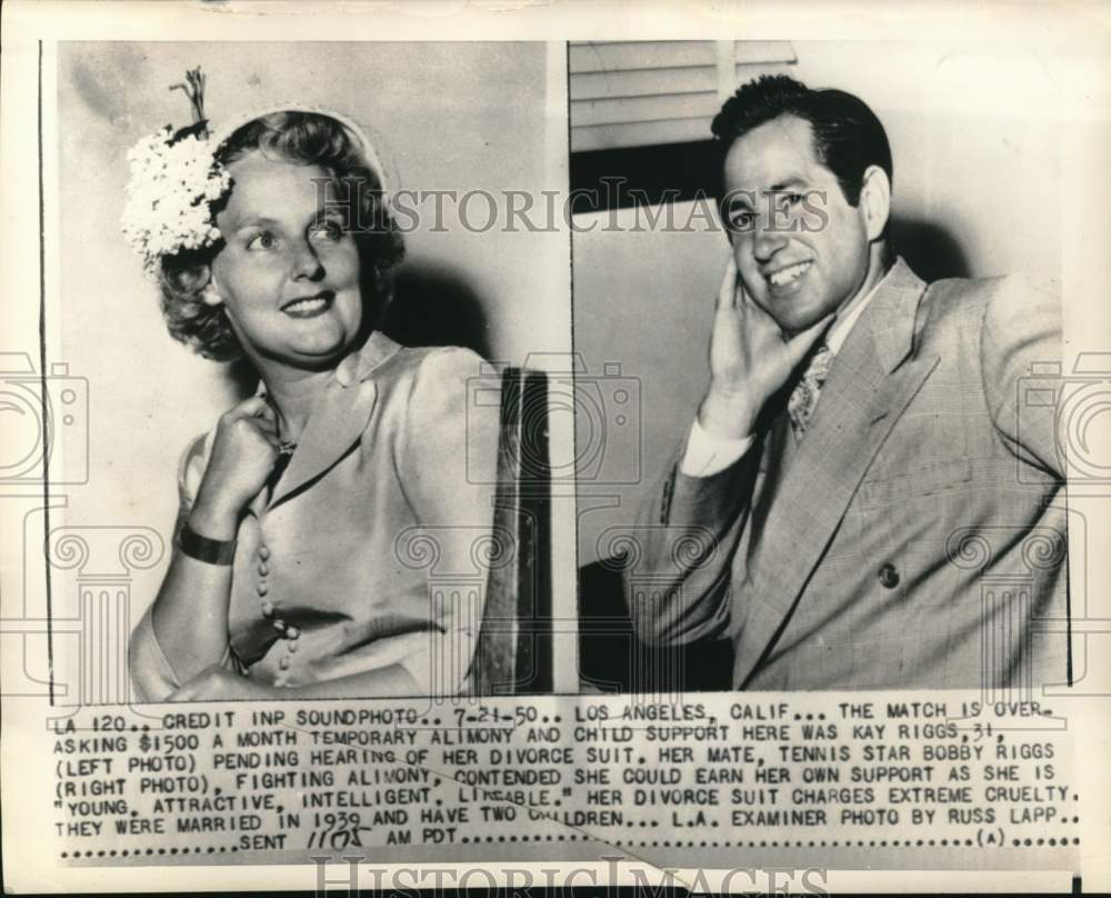 1950 Press Photo Tennis player Bobby Riggs & wife Kay Riggs, Los Angeles, CA- Historic Images