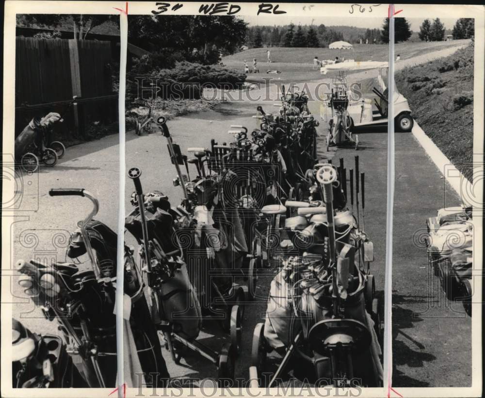 1968 Press Photo Golf clubs on wheels at golf course - pis01358- Historic Images