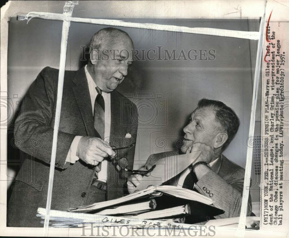 1957 Press Photo Warren Giles &amp; Charley Grim, baseball executives, New York- Historic Images