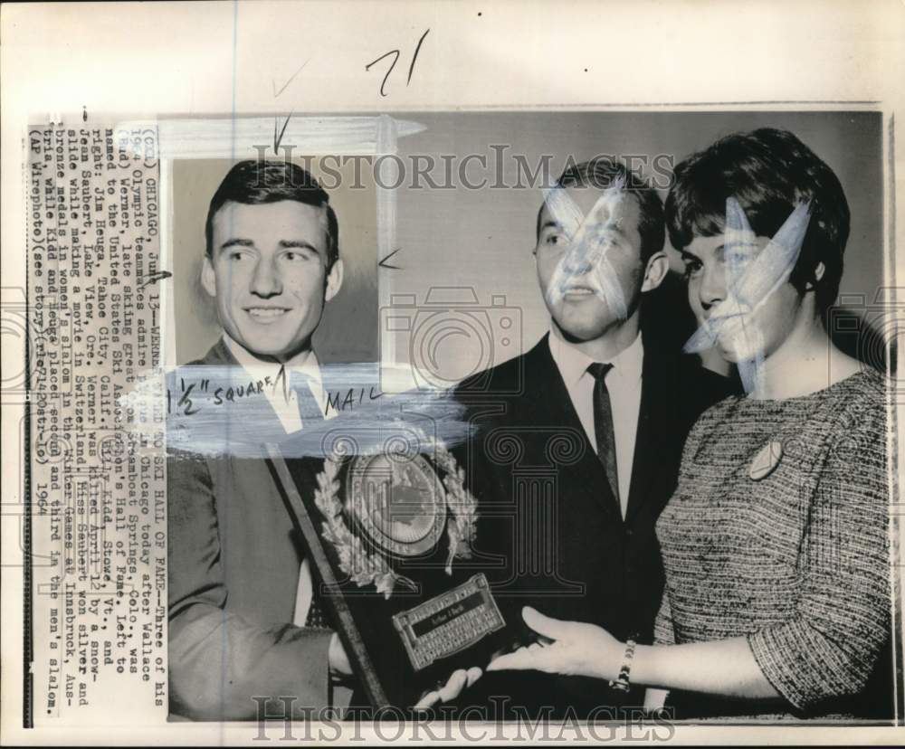 1964 Press Photo Skiers Jim Heuga, Billy Kidd, Jean Saubert, Hall of Fame plaque- Historic Images