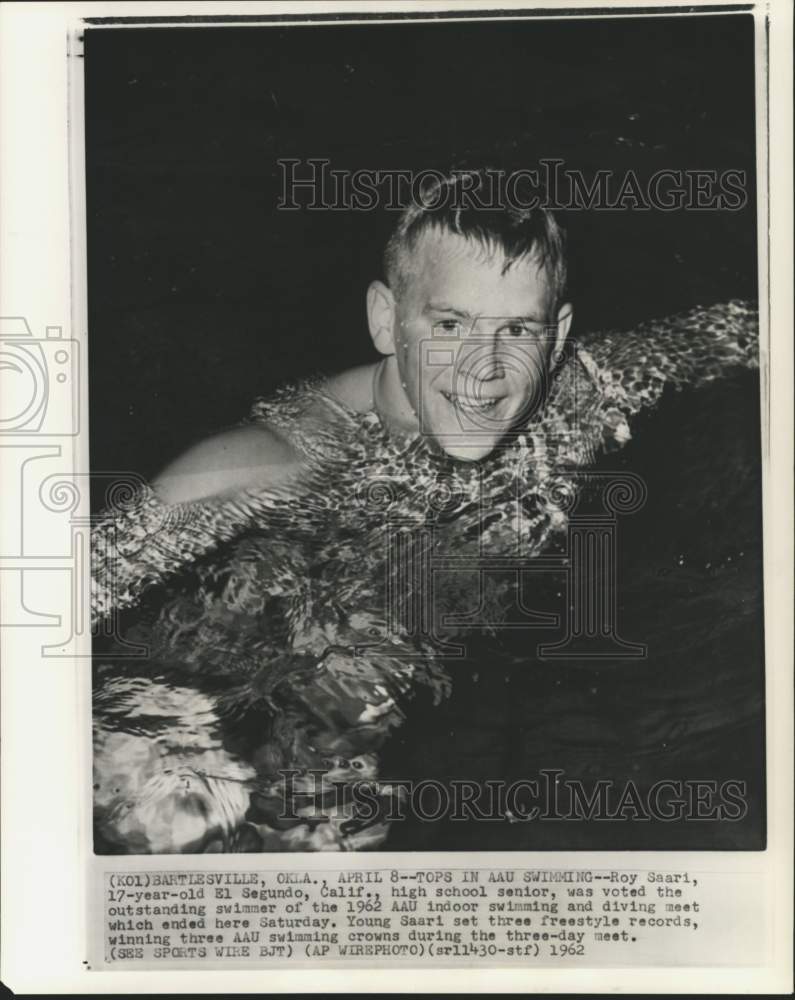 1962 Press Photo Swimmer Roy Saari, AAU indoor swimming, Bartlesville, Oklahoma- Historic Images