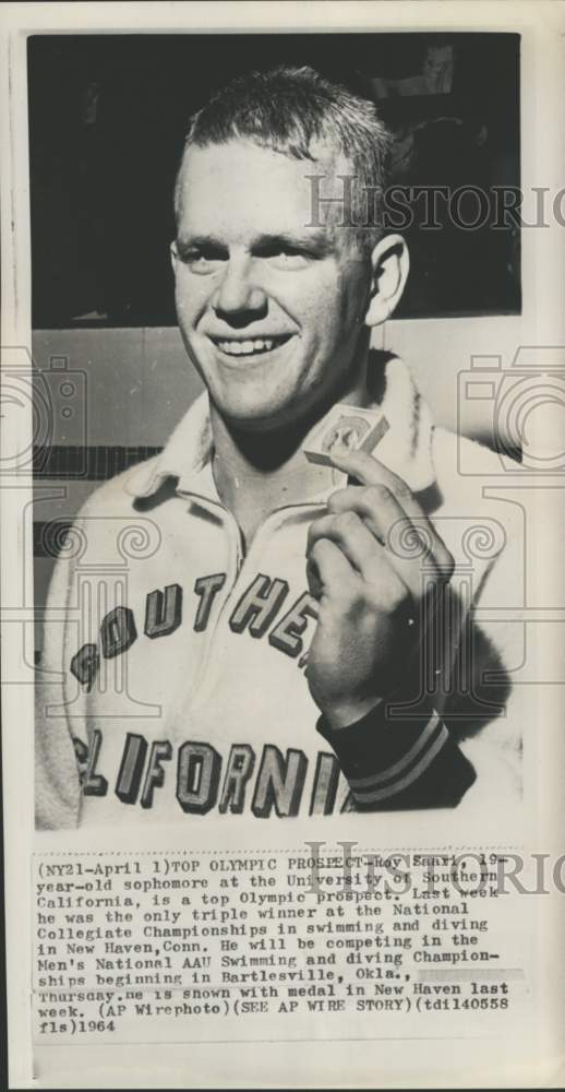 1964 Press Photo Swimmer Roy Saari holds National Collegiate medal, New Haven- Historic Images