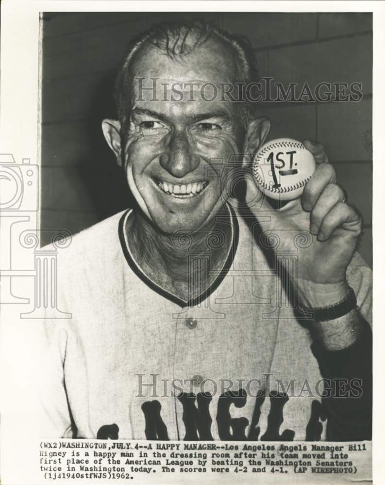 1962 Press Photo Los Angeles Angels Manager Bill Rigney, Washington - pis01468- Historic Images