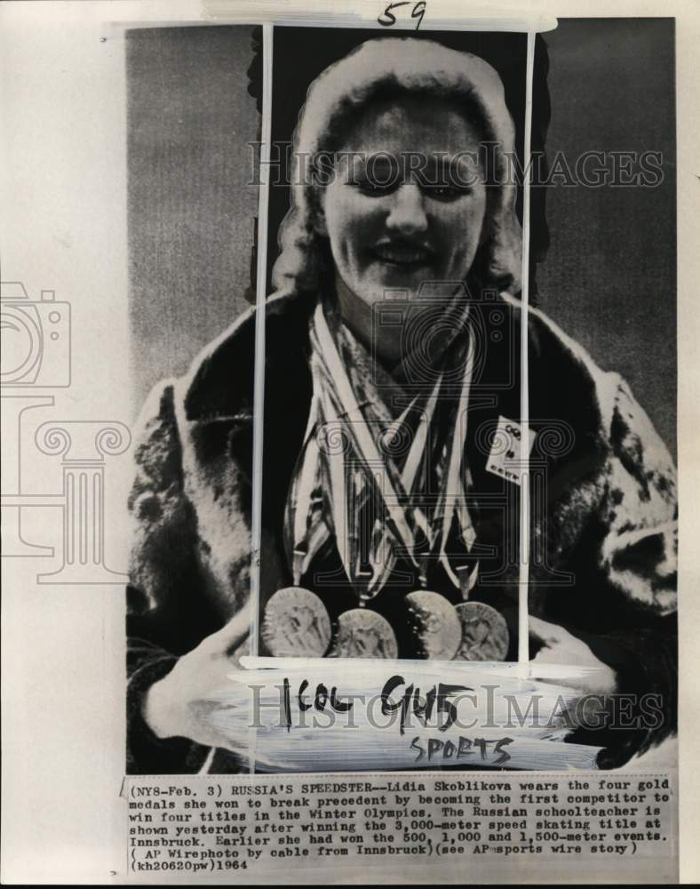 1964 Press Photo Russian Skater Lidia Skoblikova, Olympic gold medals, Innsbruck- Historic Images