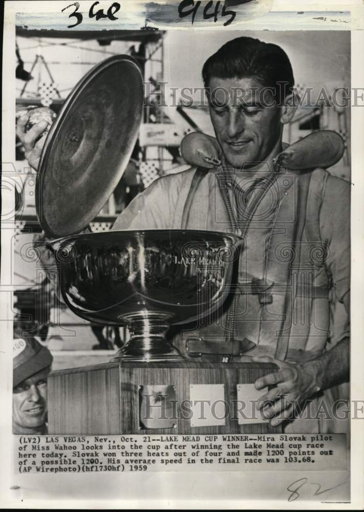1959 Press Photo Hydroplane Racer Mira Slovak, Lake Mead Cup Race, Las Vegas, NV- Historic Images