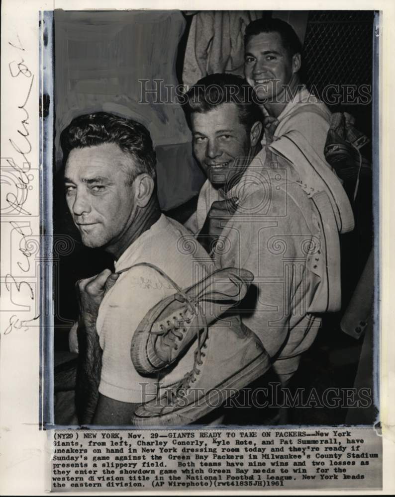 1961 Press Photo Kyle Rote, Charley Conerly, Pat Summerall, Giants Football, NY- Historic Images