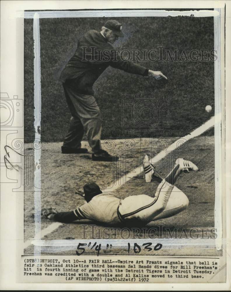 1972 Press Photo Umpire Art Frantz & Oakland Athletics' Sal Bando, Baseball, MI- Historic Images