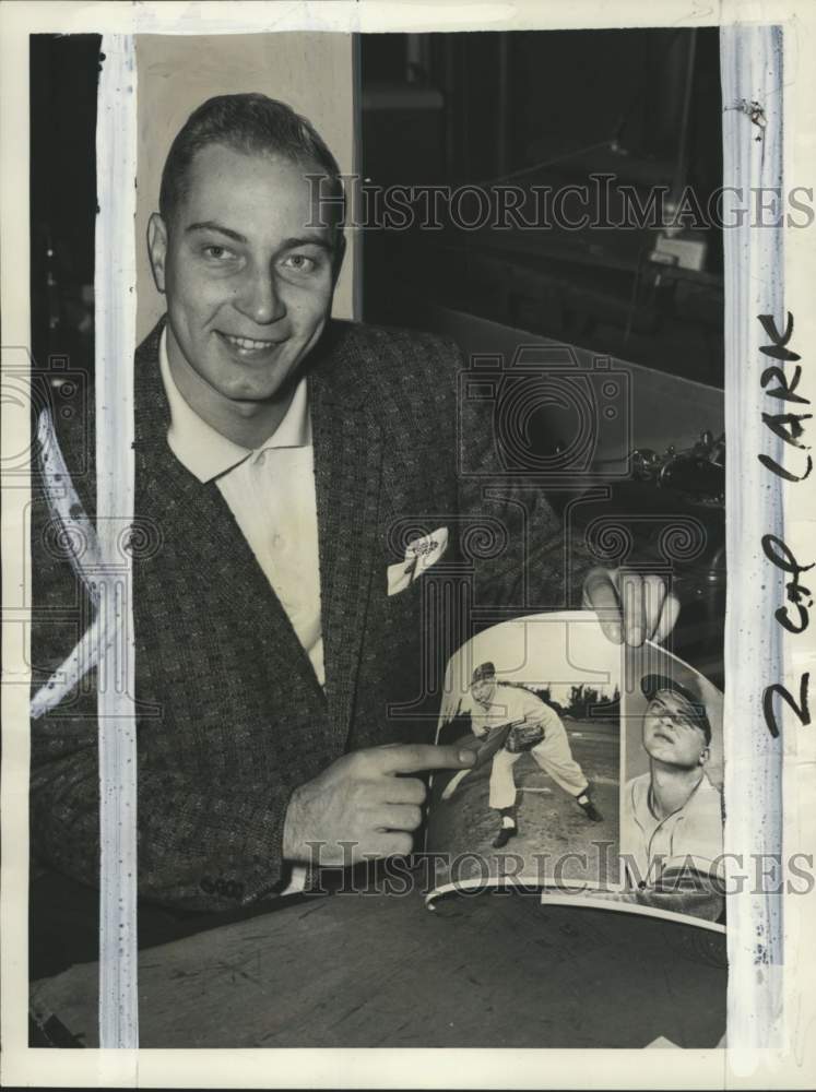 1956 Press Photo Baseball Pitcher Johnny Podres With His World Series Pictures- Historic Images