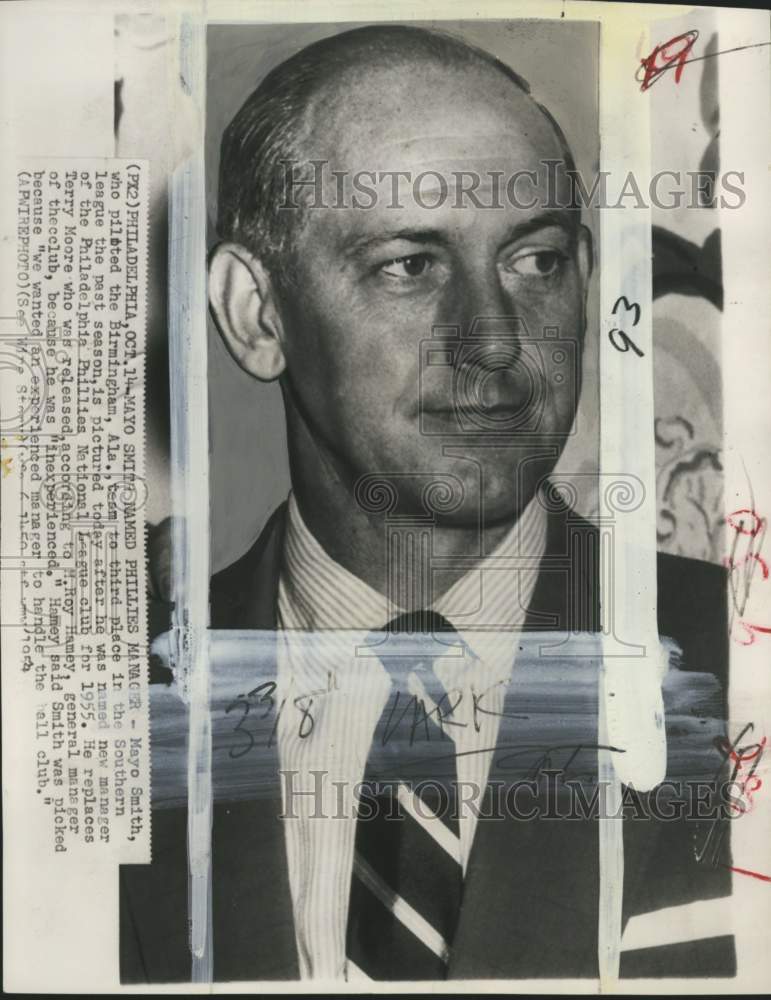 1954 Press Photo Philadelphia Phillies' Veteran Baseball Manager Mayo Smith- Historic Images