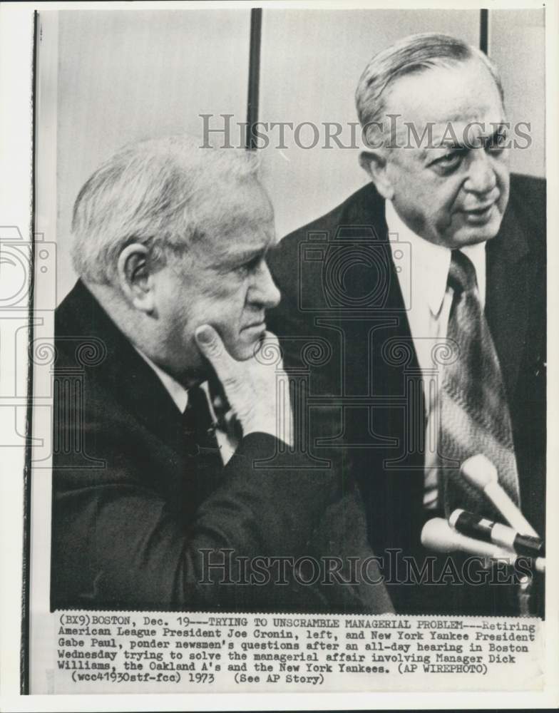 1973 Press Photo Baseball executives Joe Cronin & Gabe Paul, Boston hearing, MA- Historic Images