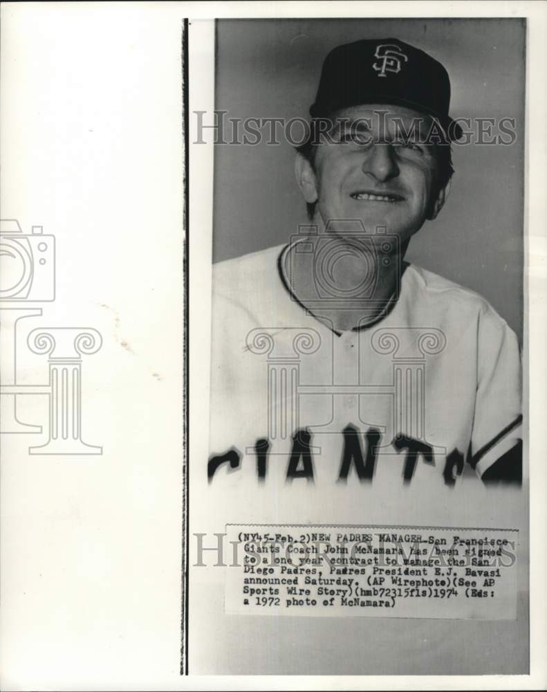 1972 Press Photo San Francisco Giants&#39; baseball coach John McNamara - pis01953- Historic Images