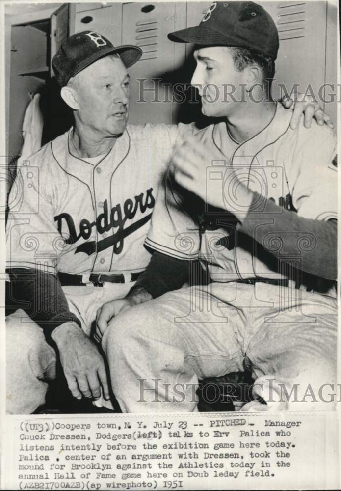 1951 Press Photo Dodger Manager Chuck Dressen, Pitcher Erv Palica At Cooperstown- Historic Images