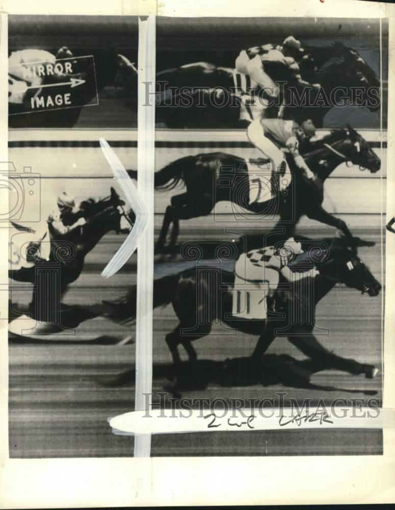1956 Press Photo Dead Heat Between Yon & Sachet at Monmouth Park Horse Race- Historic Images