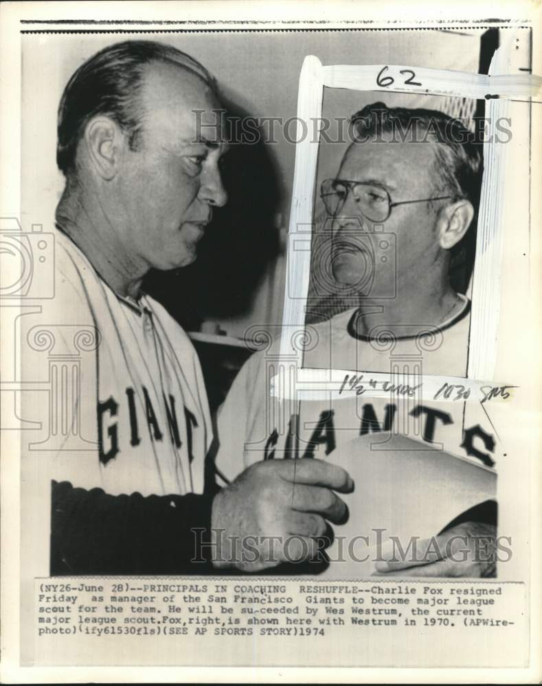 1974 Press Photo Charlie Fox, Wes Westrum of San Francisco Giants Baseball- Historic Images