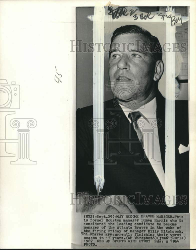 1964 Press Photo Lumen Harris, Atlanta Braves Manager Prospect - pis02096- Historic Images