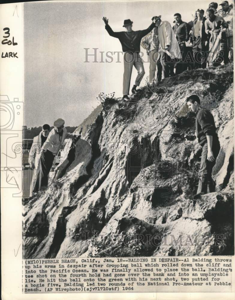 1964 Press Photo Al Balding Drops Golf Ball Off Cliff at Bing Crosby Tournament- Historic Images