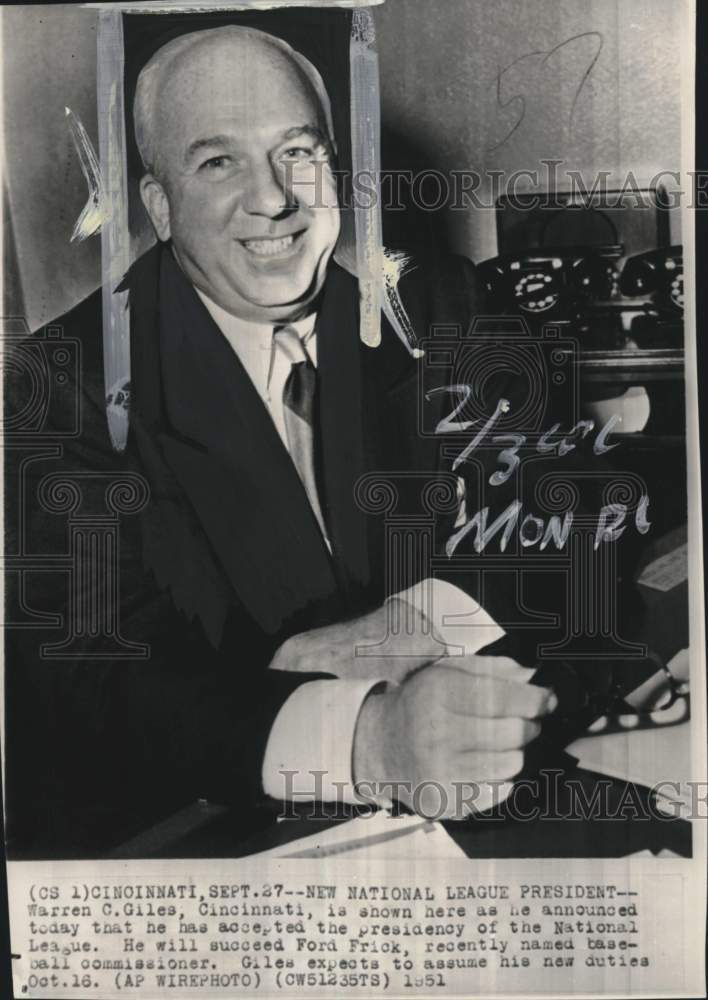1951 Press Photo National League Baseball President Warren Giles In Cincinnati- Historic Images