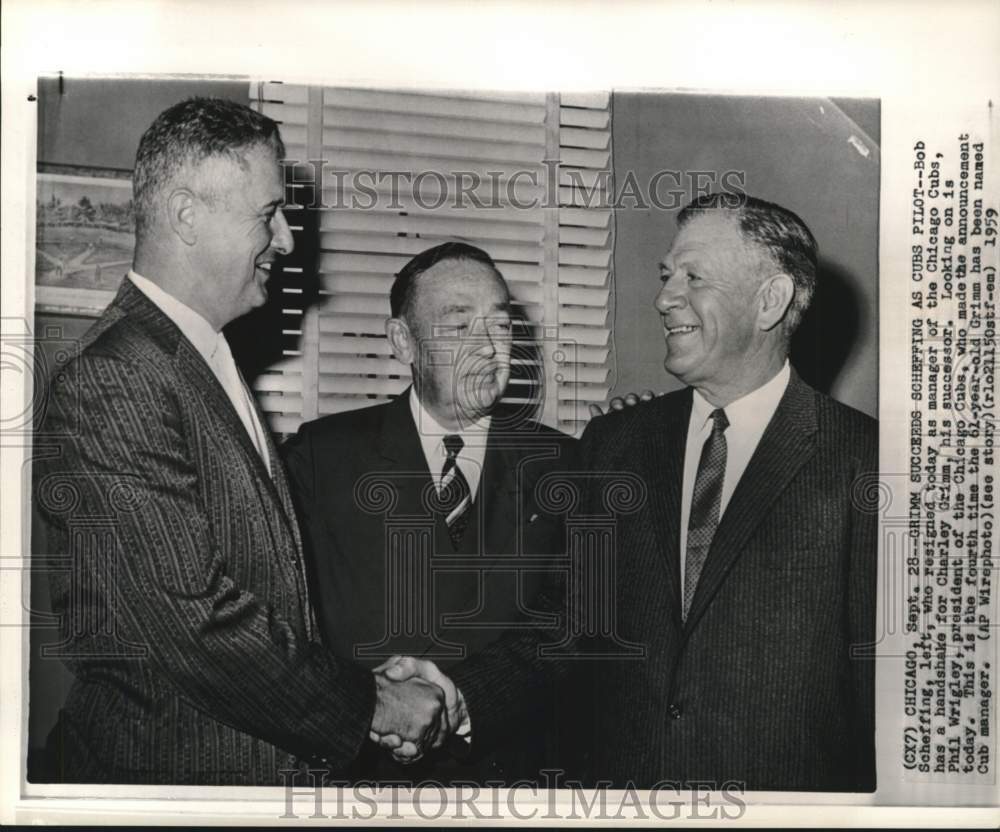 1959 Press Photo Bob Scheffing, Charley Grimm & Phil Wrigley, Cubs Baseball, IL- Historic Images