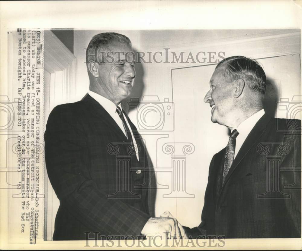 1963 Press Photo Tigers&#39; former baseball manager Bob Scheffing &amp; Charlie Dressen- Historic Images
