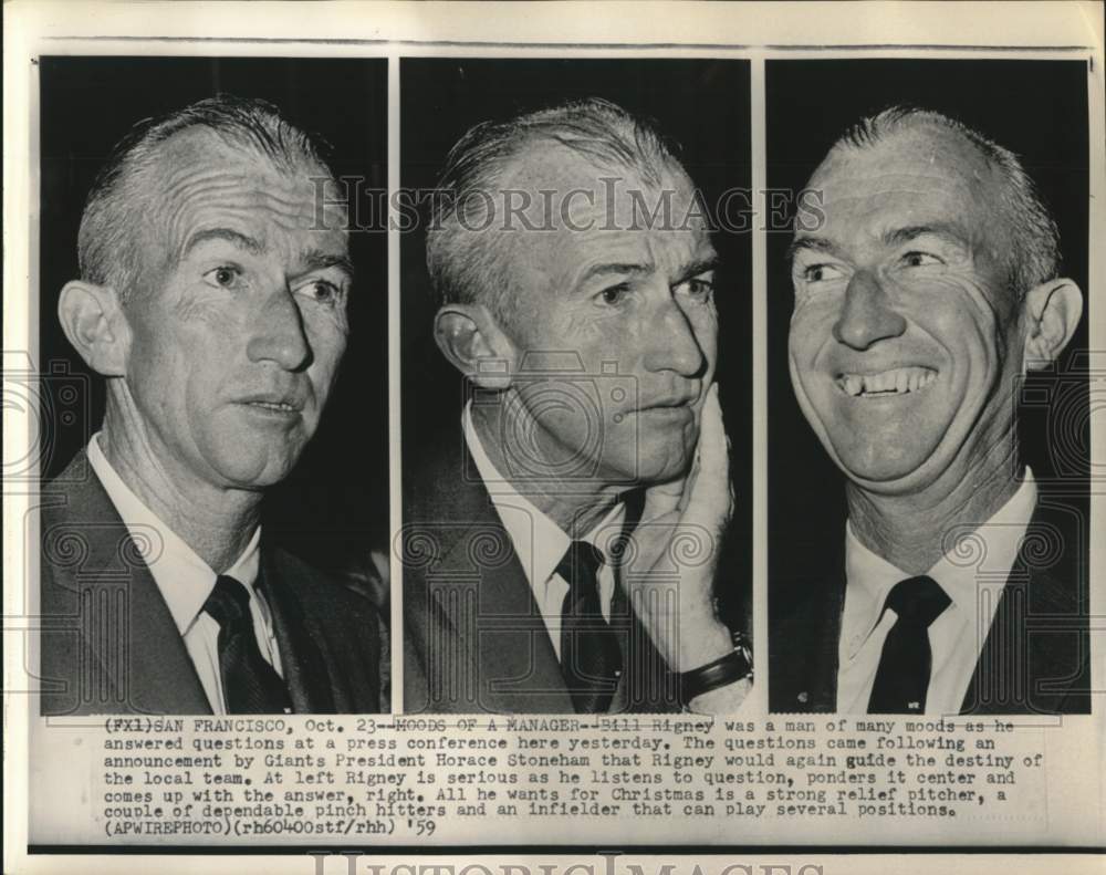 1959 Press Photo Bill Rigney Manager of SF Giants, San Francisco, California- Historic Images