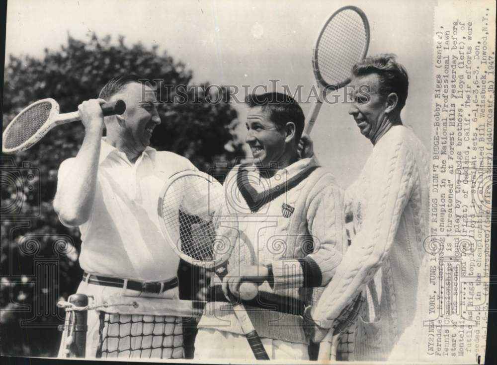 1947 Press Photo Tennis players Lloyd Budge, Don Budge & Bobby Riggs, New York- Historic Images