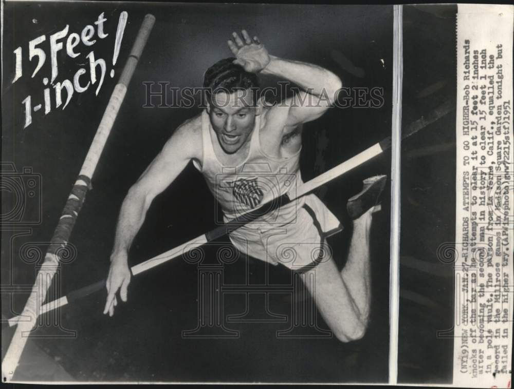 1951 Press Photo Bob Richards Pole Vaulting in Millrose Games, New York- Historic Images