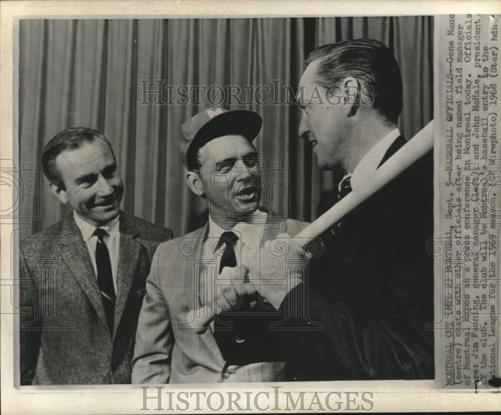 1968 Press Photo Expos' baseball manager Gene Mauch, Jim Fanning & John McHale- Historic Images