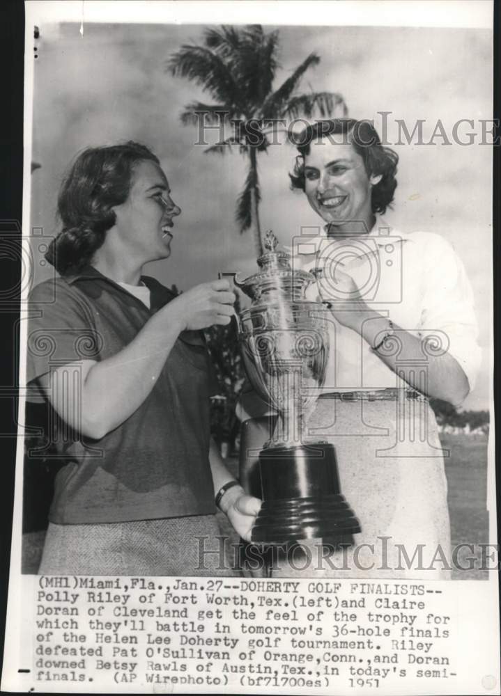 1951 Press Photo Golfers Polly Riley, Claire Doran; Helen Lee Doherty Trophy, FL- Historic Images