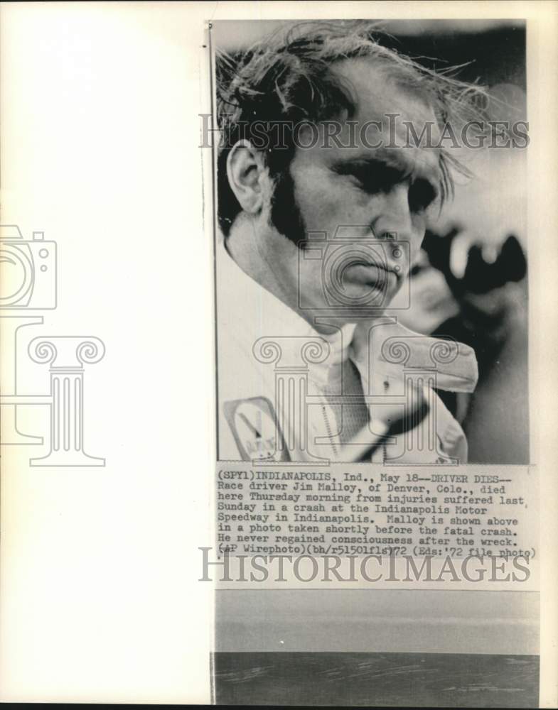 1972 Press Photo Racecar driver Jim Malloy, Indianapolis Motor Speedway, Indiana- Historic Images