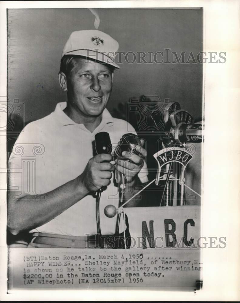 1956 Press Photo Golfer Shelley Mayfield, press conference, Baton Rouge Open, LA- Historic Images