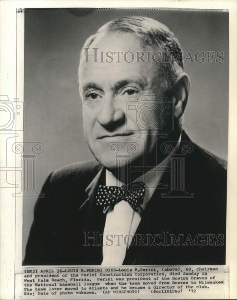 1972 Press Photo Louis R Perini, Boston Braves' baseball club president & owner- Historic Images