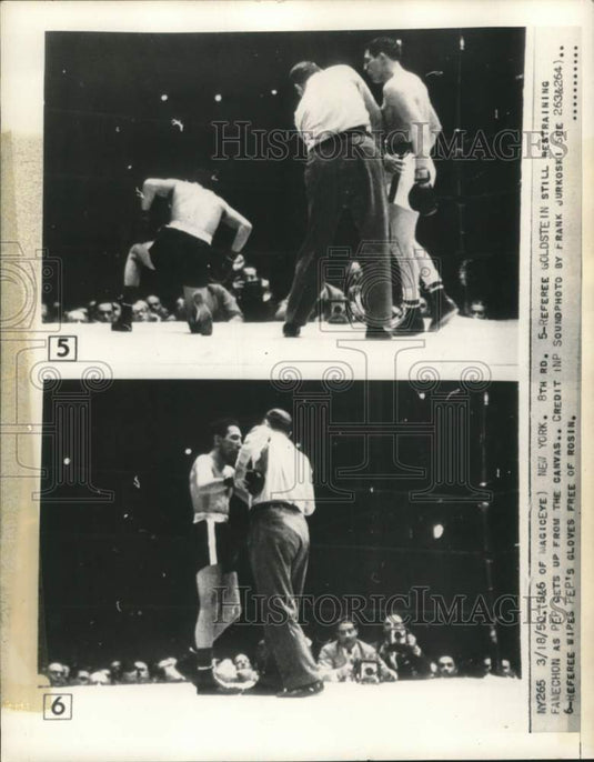 1950 Press Photo Referee Ruby Goldstein, Boxers Pep Willie & Johnny Famechon, NY- Historic Images