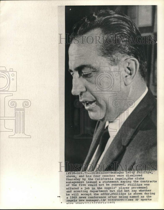 1971 Press Photo California Angels' baseball manager Lefty Phillips - pis02830- Historic Images